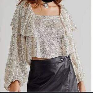 Free People - Silver Ivory Sequin Tie Back Long Sleeve Crop Blouse Size Small